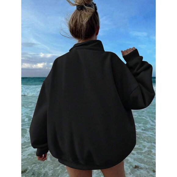 zip up half placket stand collar sweatshirt black - Picture 2 of 7